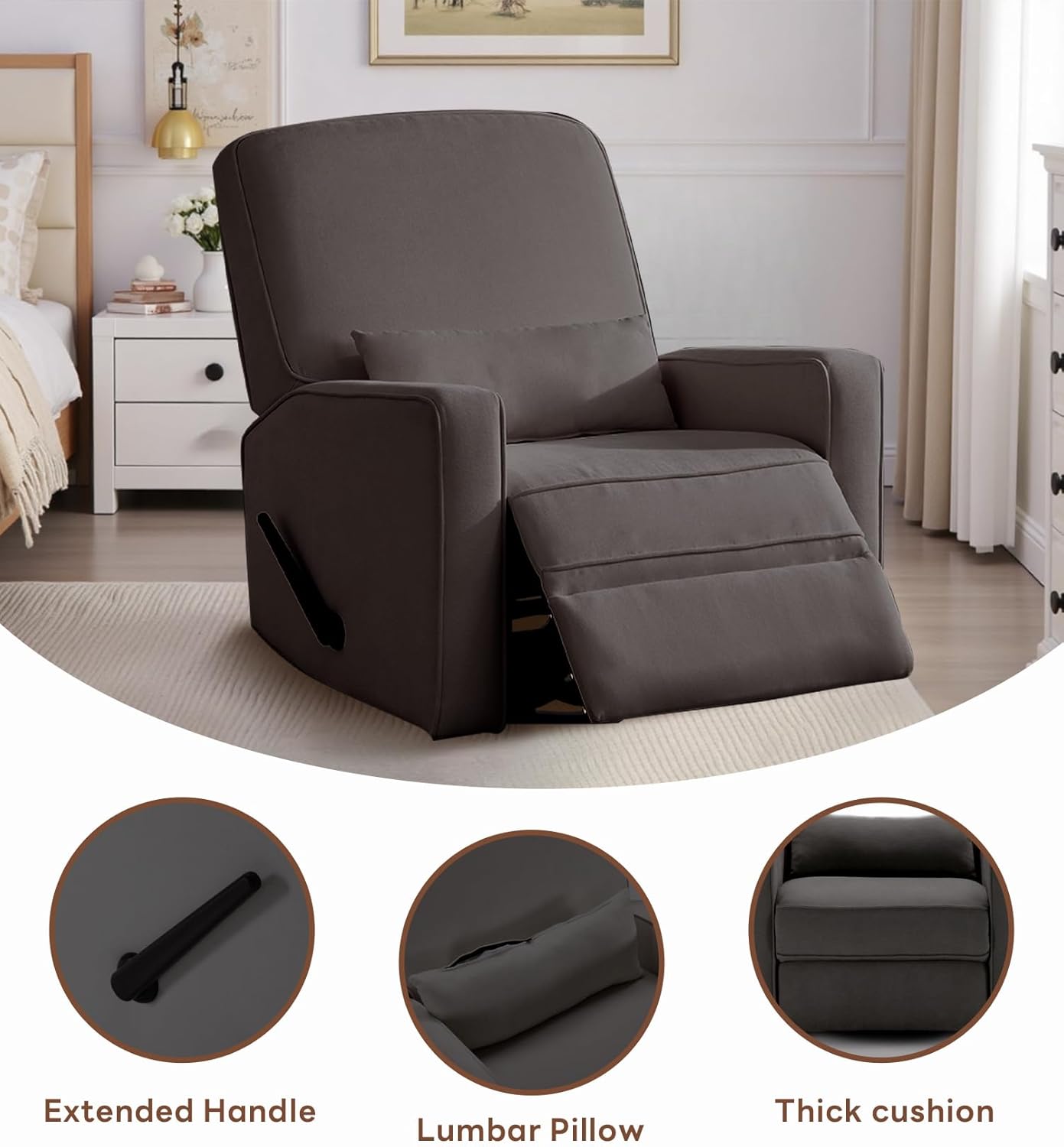 Tbfit Nursery Rocking Chair,360°Swivel Recliner Chair with Lumbar Support for Bedroom, Comfy Upholstered Armchair with Pillows & Footrest for Living Room & Baby Room