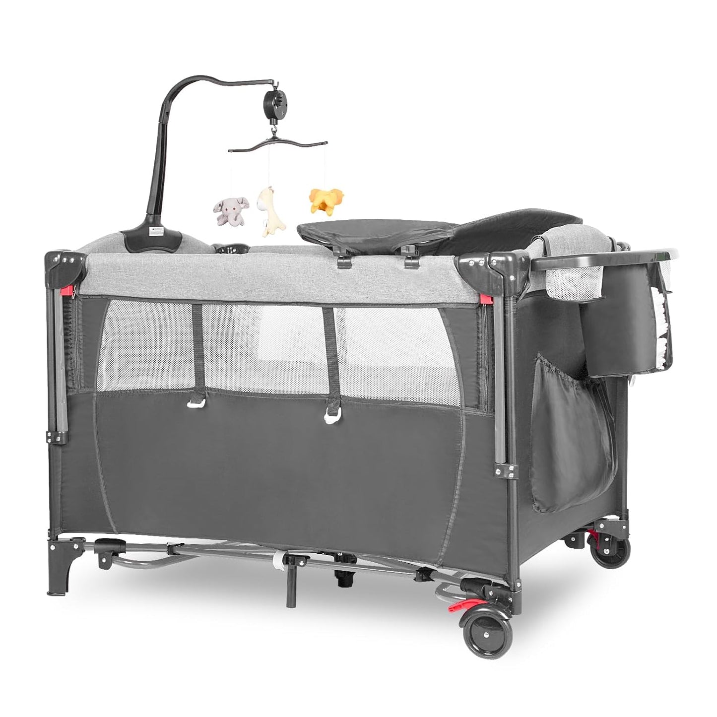 5-in-1 Pack and Play, Baby Bassinet Bedside Sleeper with U-Shaped Diaper Changer, Portable Toddler Playard for Newborn Toddlers, Baby Crib with 4 Adjustable Height, Carry Bag,Easy to Install (Grey)