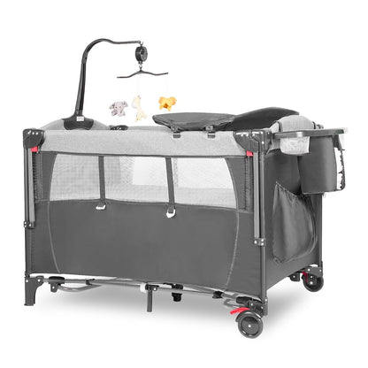 5-in-1 Pack and Play, Baby Bassinet Bedside Sleeper with U-Shaped Diaper Changer, Portable Toddler Playard for Newborn Toddlers, Baby Crib with 4 Adjustable Height, Carry Bag,Easy to Install (Grey)