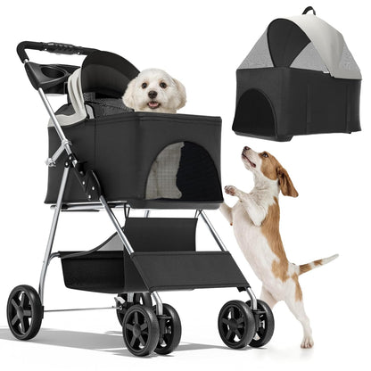 Magshion Compact Pet Stroller for Small-Medium Dogs/Cats up to 22lbs, 4-Wheel Lightweight Umbrella Shaped Portable Puppy Travel Jogger with Breathable Mesh, Cup Holder & Rear Storage, Black
