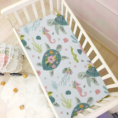 Fitted Crib Sheets Turtle Sea Horse Stretchy Portable Playard Sheets for Baby Toddler, Breathable Soft Mini Crib Mattress 39 x 27 in for Boys and Girls