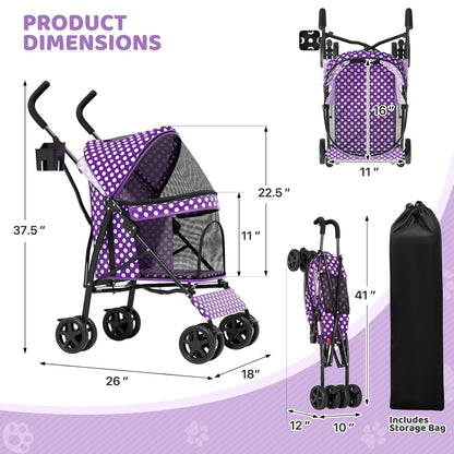 Magshion Compact Pet Stroller for Small-Medium Dogs/Cats up to 22lbs, 4-Wheel Lightweight Umbrella Shaped Portable Puppy Travel Jogger with Breathable Mesh, Cup Holder & Rear Storage, Black