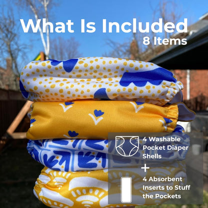 Nora's Nursery Cloth Pocket Diapers 4 Pack with 4 Inserts - Waterproof Cover, Washable, Reusable & One Size Adjustable Pocket Diapers for Newborns and Toddlers - Mama Bear