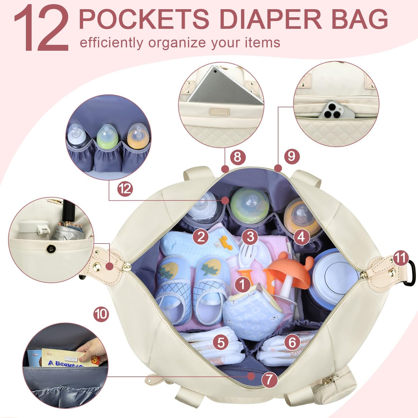 Pritent Diaper Bag Tote - Diaper Baby Bags with Pacifier Case, Shoulder Straps, Stroller Clips, Waterproof Large Mommy Maternity Travel Baby Bag for Mom and Dad, Green, Medium