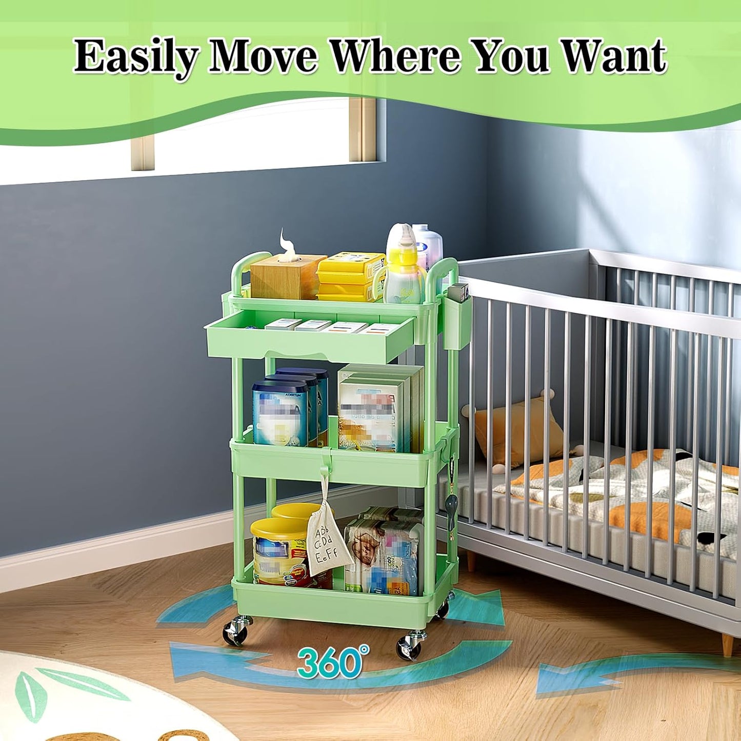 SUNALLY 3 Tier Rolling Cart with Drawer, Bathroom Storage Organizer with 2 Lockable Wheels, Multifunctional Rolling Storage Cart for Bathroom, Kitchen, Office, Craft, Makeup, Baby Essentials, White