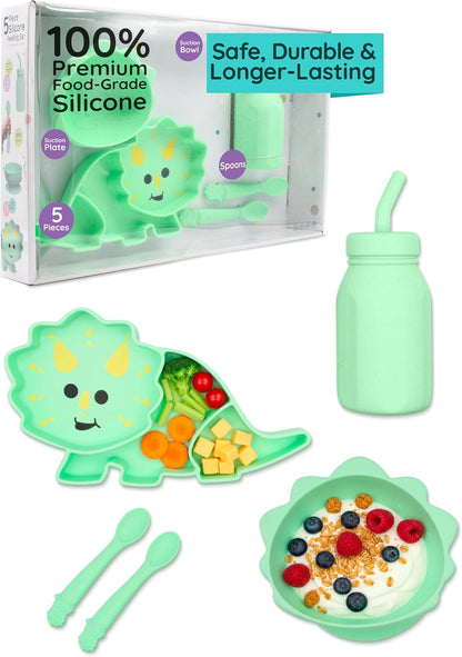 Melii 5-Piece Silicone Baby Feeding Set – Divided Suction Plate, Suction Bowl, Straw Cup & Spoons – Food-Grade Silicone, BPA-Free, Dishwasher & Microwave Safe, BLW Toddler Feeding Set, Dinosaur Design