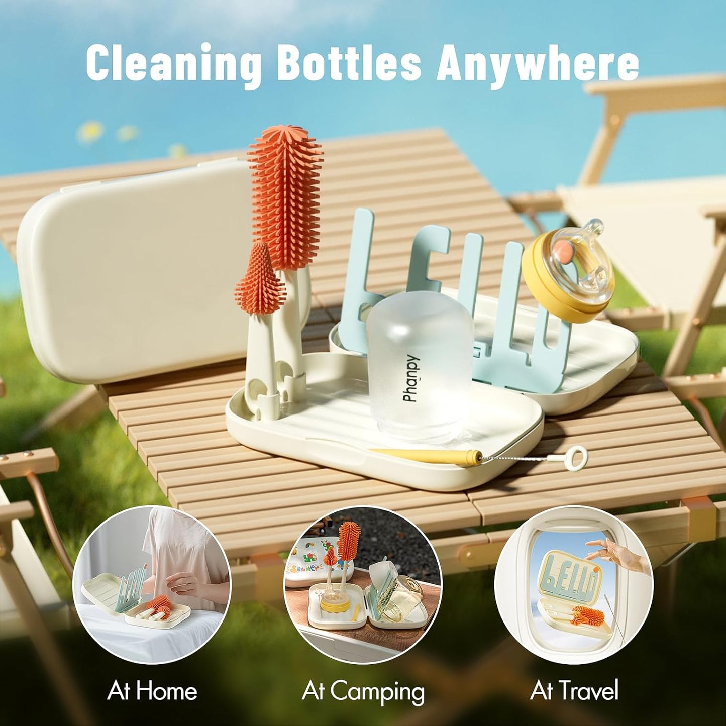 Phanpy Traveling Bottle Brush Set Portable Baby Bottle Cleaner Kit with Silicone Brush, Nipple Brush, Straw Brush, Drying Rack, Storage Box for Home and Travel