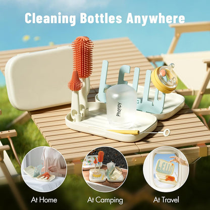 Phanpy Traveling Bottle Brush Set Portable Baby Bottle Cleaner Kit with Silicone Brush, Nipple Brush, Straw Brush, Drying Rack, Storage Box for Home and Travel