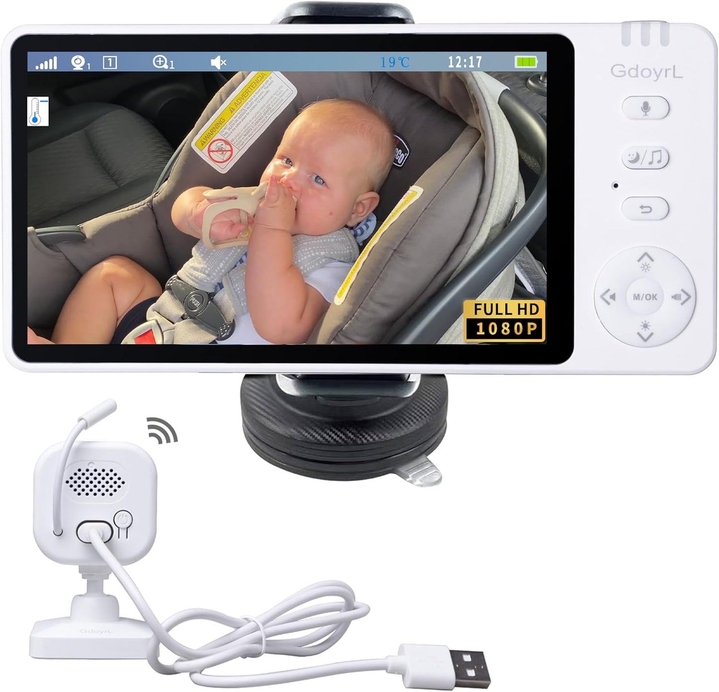 Wireless Baby Car Camera with 5-inch HD 1080P IPS, USB-Powered 360° Rotating Rear Seat Monitor (1000 ft)Auto/Manual Night Vision & VOX Mode, HD Display for Car Backseat Home Baby Pet (White A)