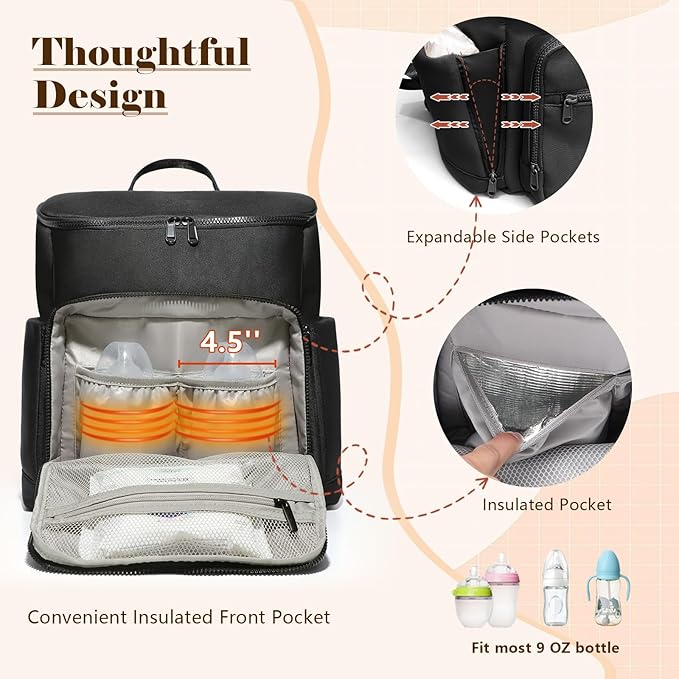 Diaper Bag Backpack, Neoprene Bag Backpack, Large Diaper Backpack with 16 Diaper Bag Organizers, 4 Insulated Pockets, Lighweight Travel Baby Bag with Changing Pad for Mom & Dad, Black
