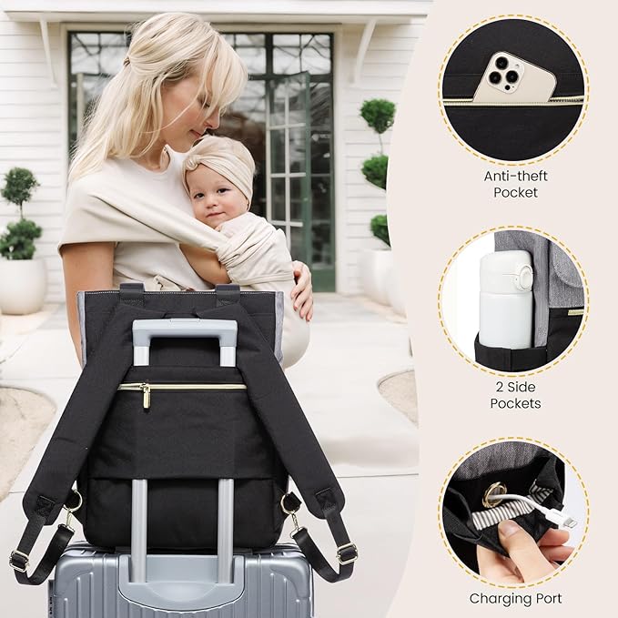 LOVEVOOK Diaper Bag Backpack,Diaper Bag Tote with Insulated Pockets,Baby Bag for Girl Boy with Changing Pad,Large Baby Diaper Bag with Pacifier Case,Anti-Theft Travel Backpack for Women,Black-Gray