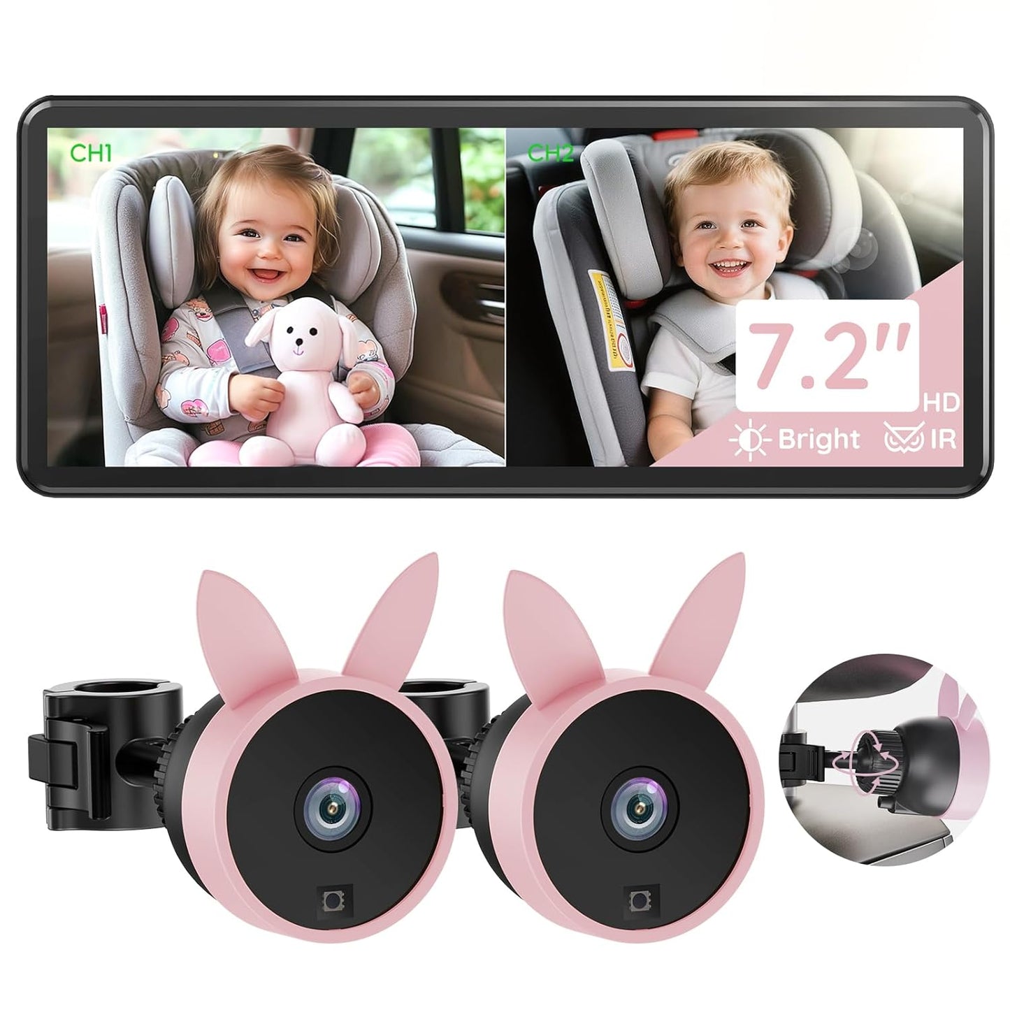 Babyvue BV3PRO Dual Baby Car Camera for 2 Boys, 7.2" 1080P HD Split Screen, Crystal Clear IR Night Vision, No Distortion Display Baby Car Monitor, Safe Driving for Back Seat & Pets