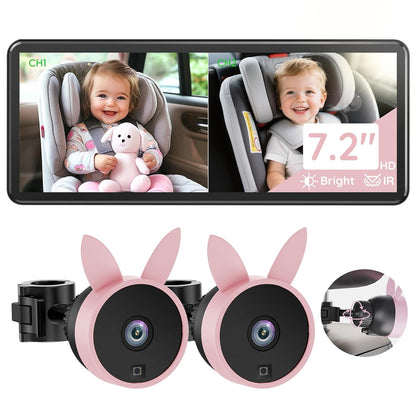 Babyvue BV3PRO Dual Baby Car Camera for 2 Boys, 7.2" 1080P HD Split Screen, Crystal Clear IR Night Vision, No Distortion Display Baby Car Monitor, Safe Driving for Back Seat & Pets