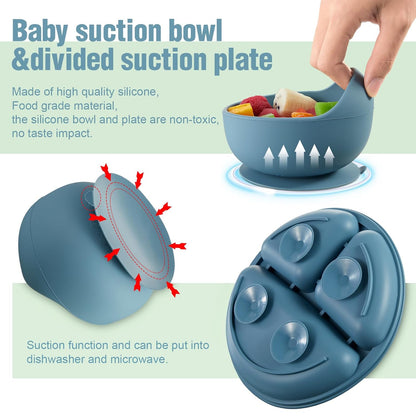 10 Pack Silicone Baby Feeding Set, Toddlers Led Weaning Feeding Supplies with Suction Baby Bowl Divided Plate Adjustable Bib Soft Silicone Spoon Fork, Infant Self Eating Utensil Set (Gray, Khaki)