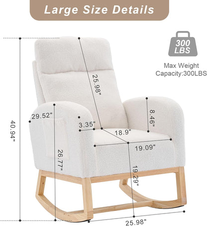 Nursery Rocking Chair with Solid Wood Legs, Glider Chair for Nursery with Two Side Pockets, Rocker Armchair for Living Room Bedroom (Ivory White, Teddy Fabric)