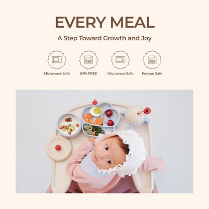 Silicone Baby Feeding Set, Gelato Collection Baby Led Weaning Supplies, First Self-Feeding Ice Cream Set, Silicone Suction Bowl with Cherry Lid & Plate, Straw Cup & Bib, Fork & Spoon - Pink