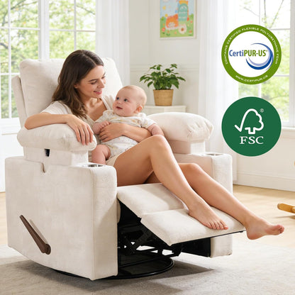 Rocking Chair Nursery with Adjustable Armrest for Breastfeeding, Glider Recliner Nursery Chair with Massage and Heat, Power Swivel Rocker Recliner with Adjustable Headrest, Corduroy, Beige