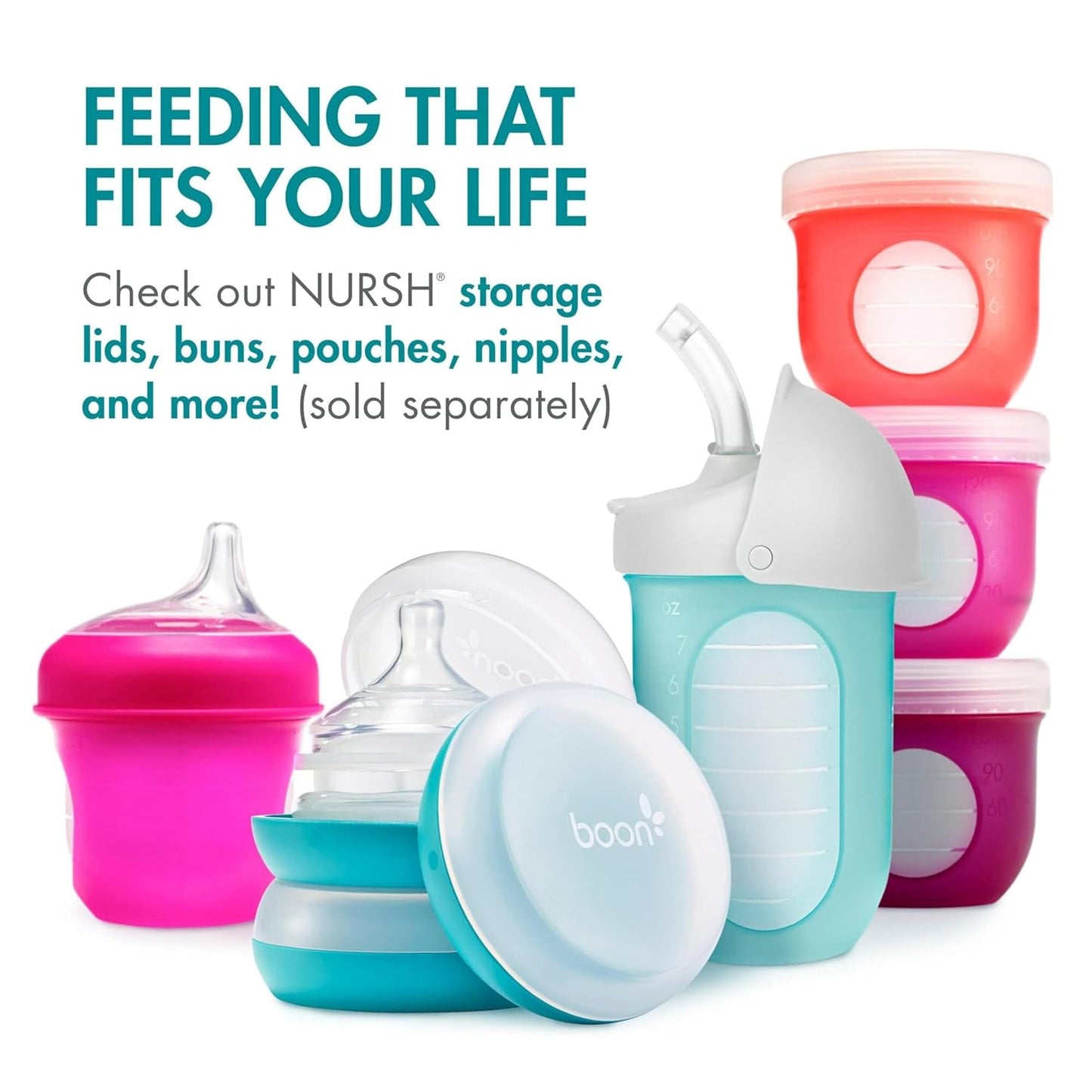 Boon Nursh Reusable Silicone Pouch Baby Bottles - Slow Flow Nipple - Silicone Baby Bottle Pouch and Nipple - Baby Feeding Essentials - Speckle - 0-3 Months - 3 Count - 4 Ounce