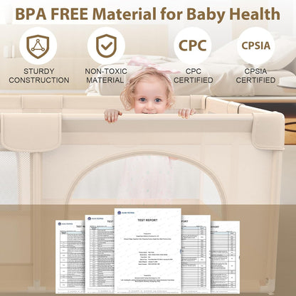 Baby Playpen with Mat 79x71inch - Extra Large Play Pen for Babies and Toddlers Indoor & Outdoor Baby Playard with Soft Breathable Mesh Cover - Sturdy Foam Infant Gate Playpen(Apricot)
