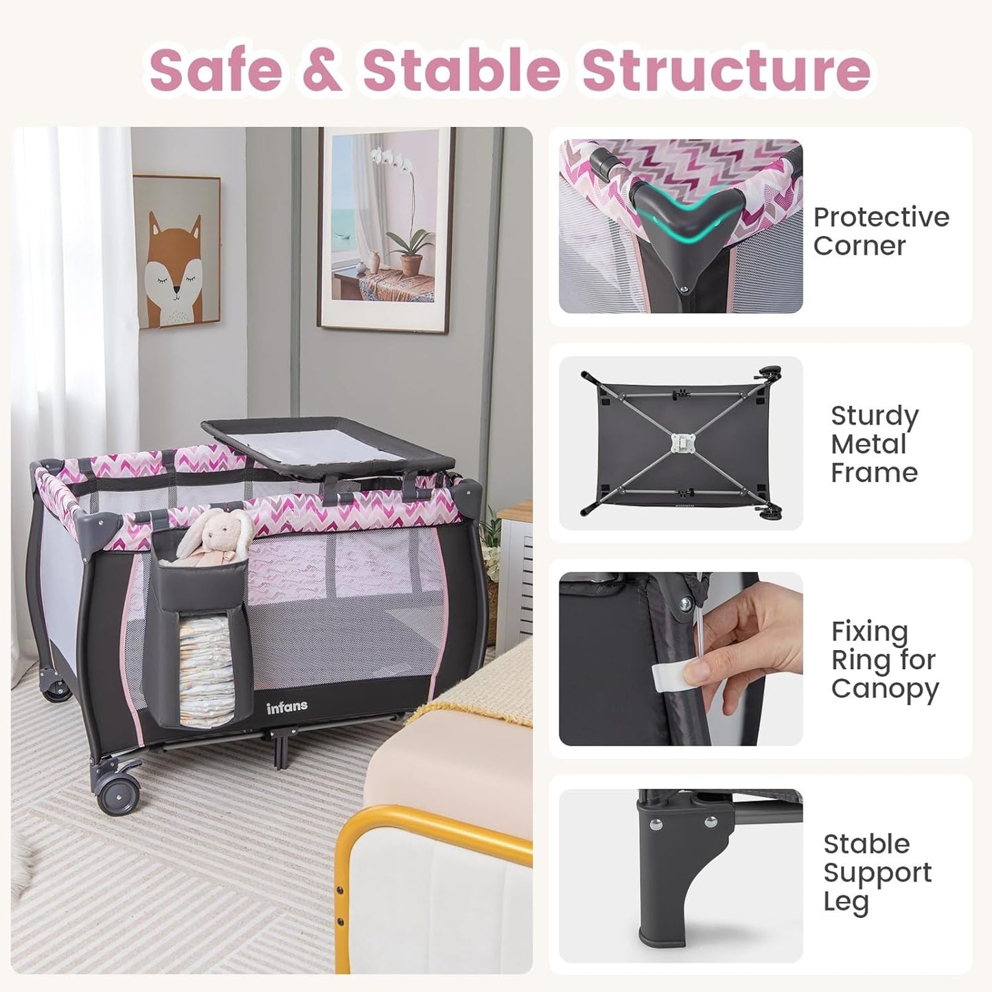 INFANS 4 in 1 Pack and Play, Portable Travel Baby Playard with Bassinet, Changing Table, Canopy, Mosquito Net, Hanging Toys, Music Box, Storage Bag, Large Playpen from Newborn to Toddlers (Pink)