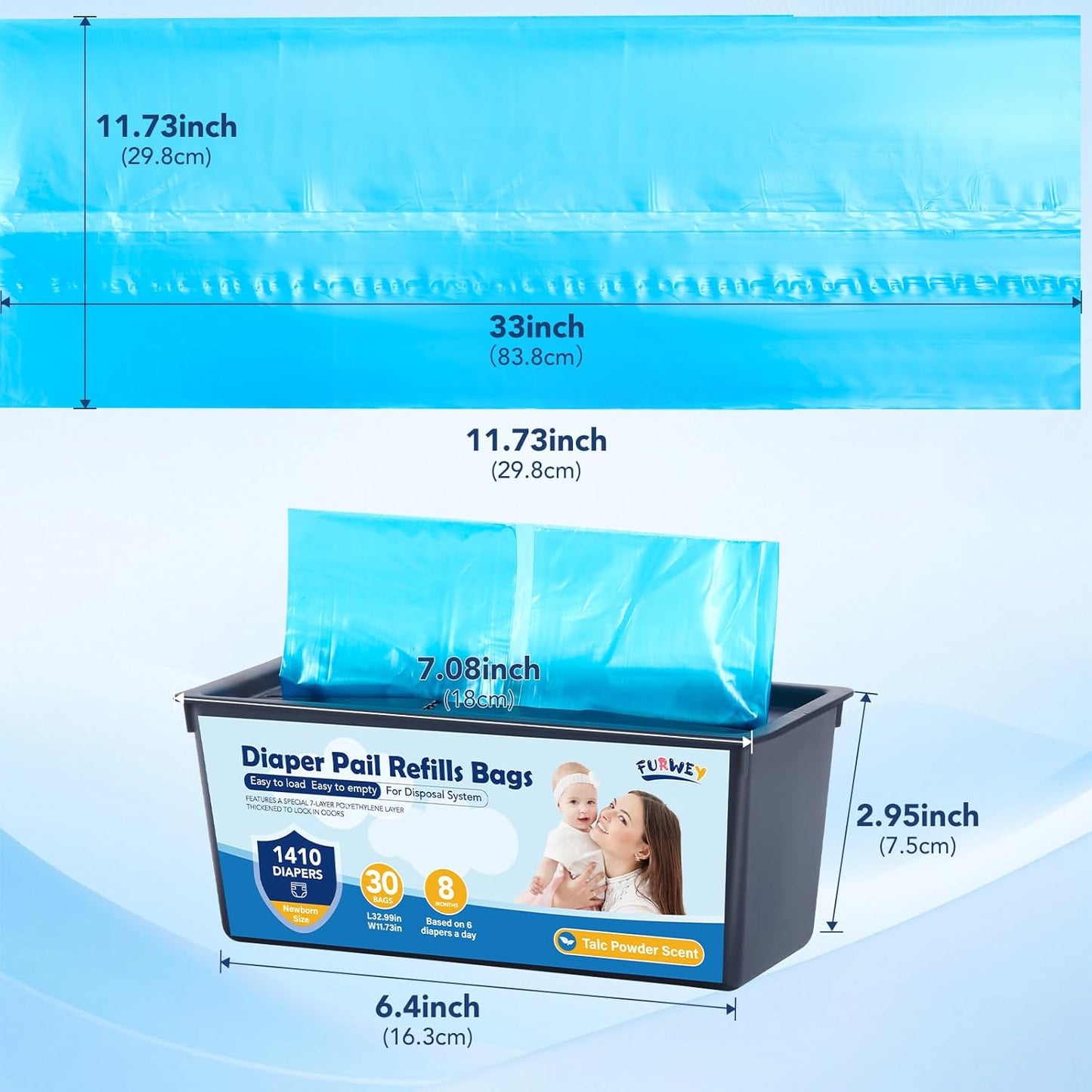 Diaper Pail Refill Bags 30 Bags Per Refill，Compatible with Genie Easy Roll Signature Diaper Pails Holds Up to 5640 Newborn Diapers Talc Powder Scent 7 Layer Odor Barrier,Scented,4PACK (120 Bags)