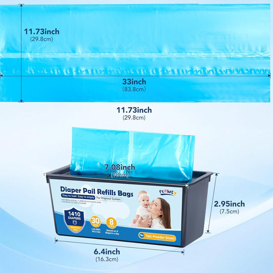 Diaper Pail Refill Bags 30 Bags Per Refill，Compatible with Genie Easy Roll Signature Diaper Pails Holds Up to 5640 Newborn Diapers Talc Powder Scent 7 Layer Odor Barrier,Scented,4PACK (120 Bags)