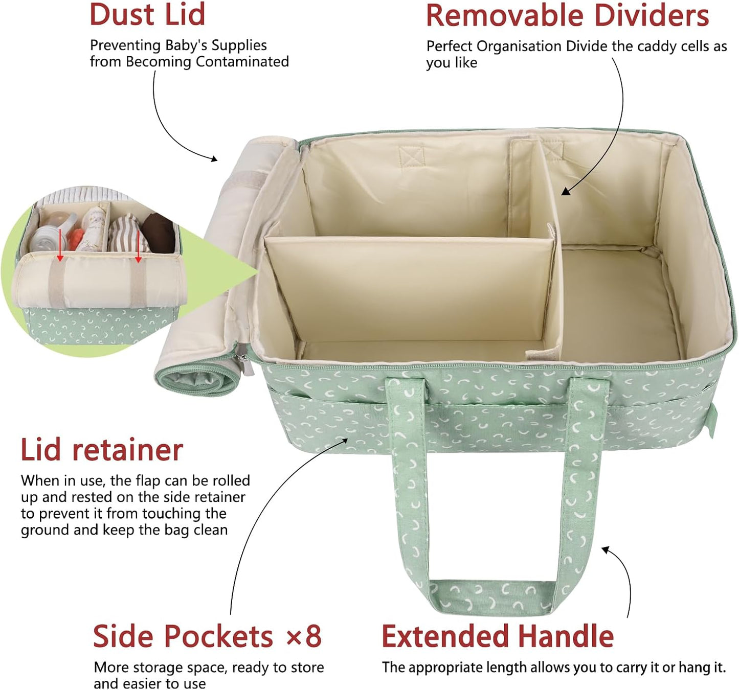 Diaper Caddy Organizer, Baby Basket for Baby Shower With Lid，Car Caddy for New Born，Portable and Foldable Baby Essentials with Handle/8 Side Pockets (cotton print)
