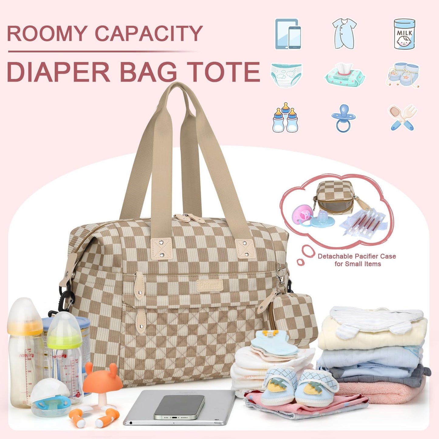 Pritent Diaper Bag Tote - Diaper Baby Bags with Pacifier Case, Shoulder Straps, Stroller Clips, Waterproof Large Mommy Maternity Travel Baby Bag for Mom and Dad, Green, Medium