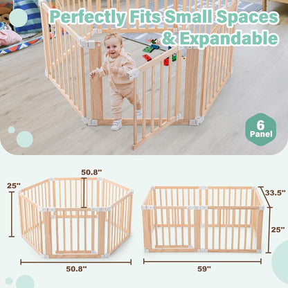 Foldable Wooden Playpen-51x51x25in-Large Baby Gate Playpen with Child-Proof Lock-Easy Assembly, Portable Design for Babies & Toddlers- Shape& Size Adjustable Baby Fence Play Area (Wood, 6 Panel)