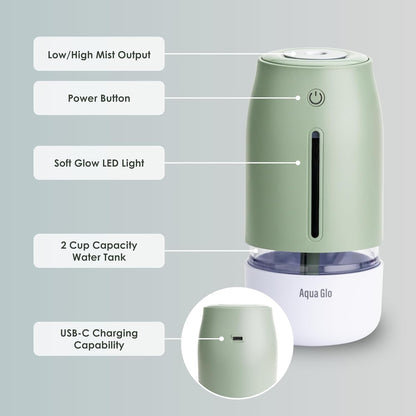 Aqua Glo Personal, Portable Humidifiers for Bedroom – Ultrasonic Cool Mist Humidifier with Built In Rechargeable Battery. Air Humidifier for Baby, Plants, Home, Office, Travel. Lavender