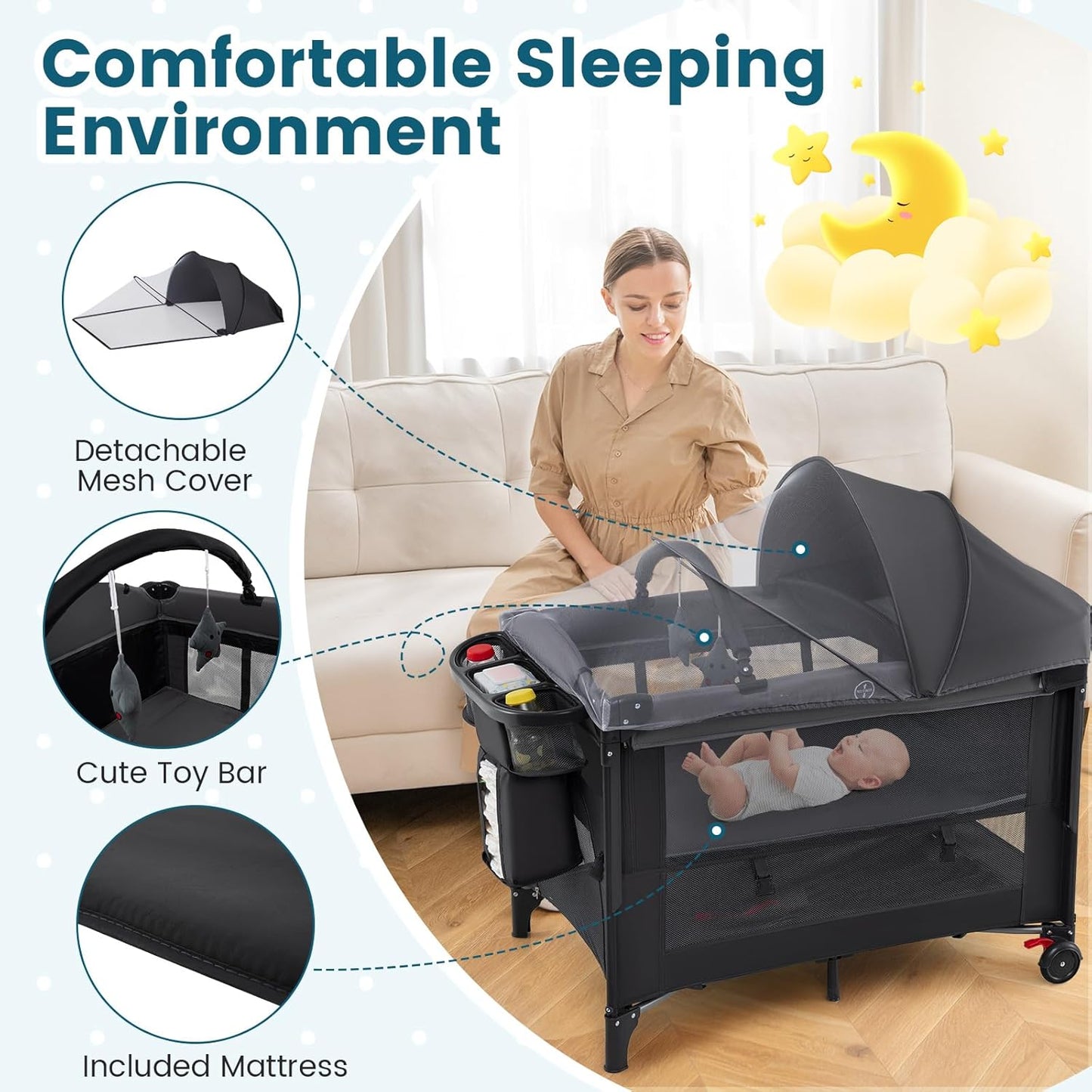 BABY JOY 5-in-1 Pack and Play with Canopy, 4 Level Heights Baby Bedside Sleeper w/Bassinet, U-Shaped Changing Table, Safety Strap, Side Zipper, Portable Bedside Crib Playard from Newborn to Toddlers