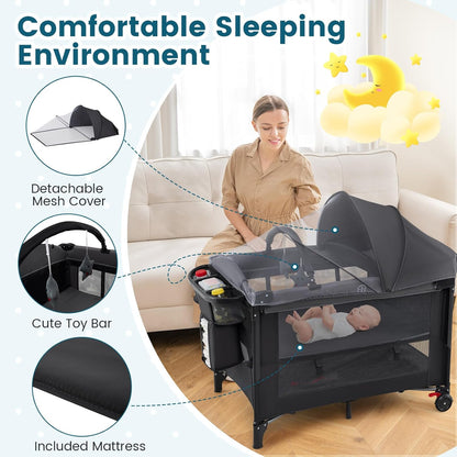 BABY JOY 5-in-1 Pack and Play with Canopy, 4 Level Heights Baby Bedside Sleeper w/Bassinet, U-Shaped Changing Table, Safety Strap, Side Zipper, Portable Bedside Crib Playard from Newborn to Toddlers