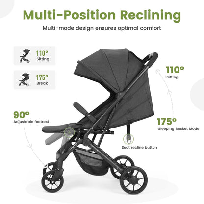 Compact Baby Stroller, Travel Toddler Seat Pushchair with Shock Absorbing Wheels, Foldable Infant Stroller with Canopy, One Button Brake, Convertible Infant Stroller for Toddler (Dark Grey)