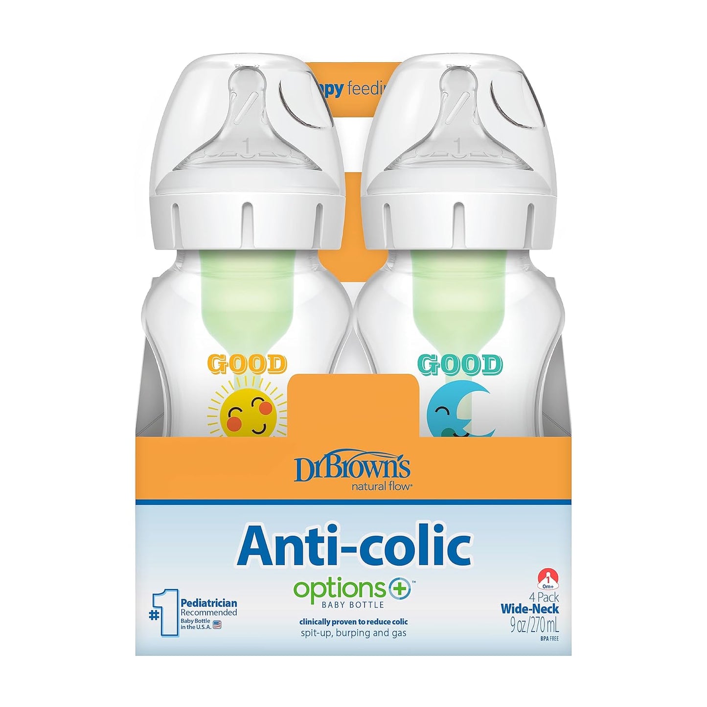 Dr. Brown’s Natural Flow® Anti-Colic Options+™ Wide-Neck Baby Bottles 5 oz/150 mL, with Level 1 Slow Flow Nipple, 4 Pack, 0m+