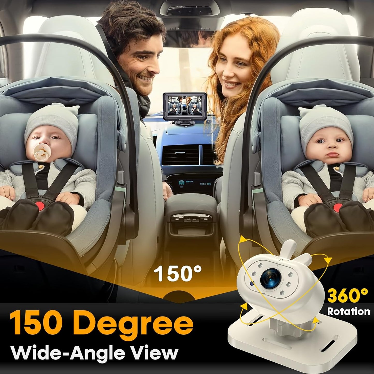 AMTIFO Baby Car Camera 1080P HD Plug-Play Monitor: 4.3 Inch IPS Display with Sun Visor - 150° Wide-Angle 360° Swivel Backseat Cam, Infrared Night Vision, Rabbit Design - Beige