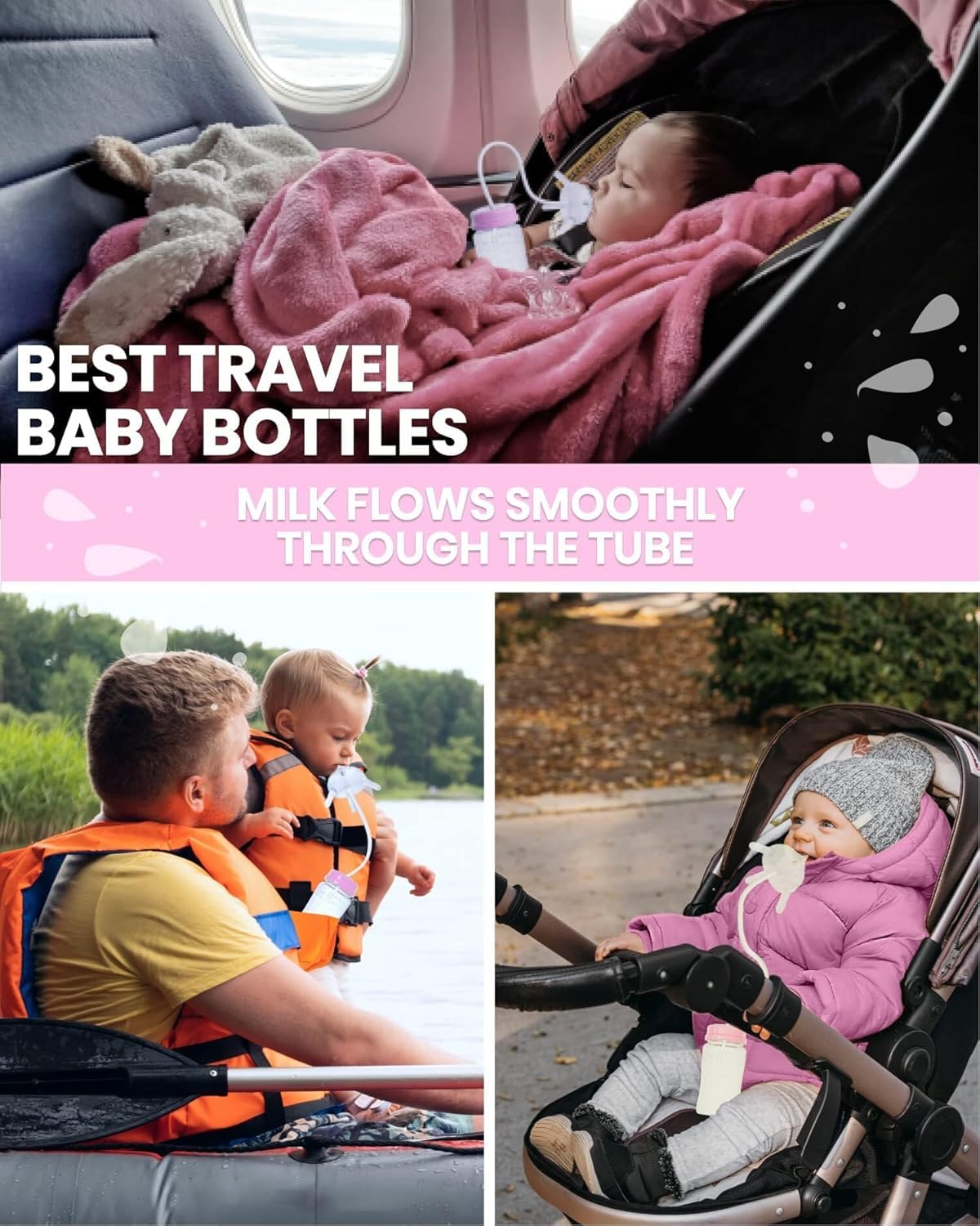 TidyFriend 2 Pk Baby Bottle Anti Colic with Straw 8oz – Built In Nipple Valve & Base Vent Hole for Gas Reduction, Upright Position Hand Free Bottle for 6m-2y Kids [Use Under Caregiver Assisted] (Pink)