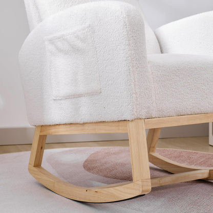 Nursery Rocking Chair with Solid Wood Legs, Glider Chair for Nursery with Two Side Pockets, Rocker Armchair for Living Room Bedroom (Ivory White, Teddy Fabric)