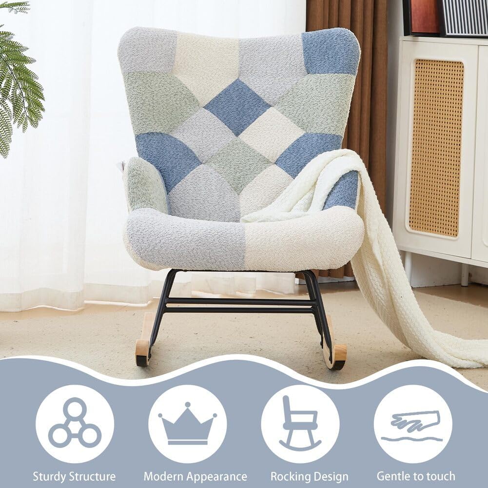 Nursery Rocking Chair Teddy Upholstered Glider Rocker Rocker Accent Chair with High Backrest Armchair Comfy Side Pocket Modern Rocking Accent Chairs for Living Room, Nursery, Office-Green