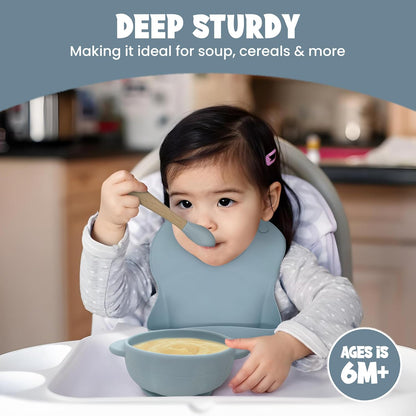 Baby Feeding Essentials, Baby Led Weaning Supplies, Silicone Baby Feeding Set, with Baby Spoon, Fork, Baby Bib, Sippy Cup, Suction Plate, Suction Bowl, Baby Eating Essentials, 6+ Months (Beige)