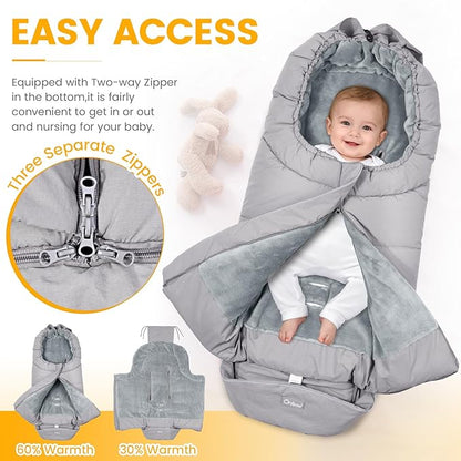 Orzbow Universal Stroller Footmuff, Winter Baby Bunting Bag for Stroller - Baby Sleeping Bag with Coral Fleece Lining for Cold Weather, Water-Repellent, Winter Must Have for Toddler Kids, Light Grey