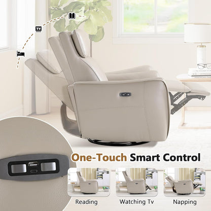 HAOMARKETS Electric Swivel Rocker Recliner Chair, Power Faux Leather Glider Rocking Recliners for Adults,360° Swivel Nursery Reclining Sofa with USB Charging Port, White