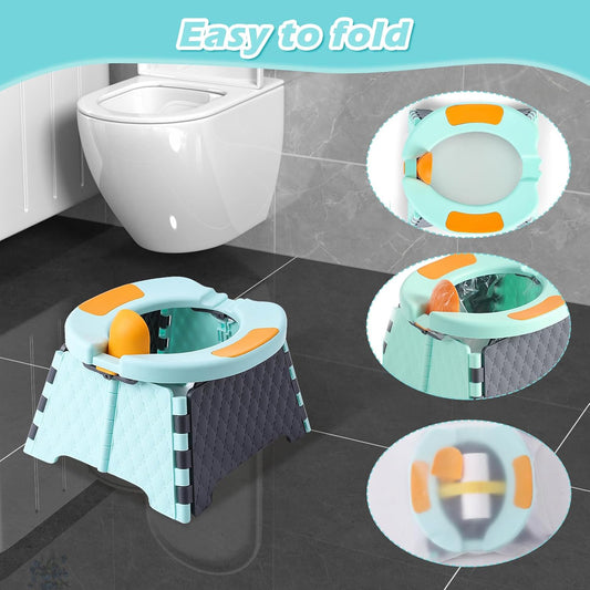 Portable Potty Chair for Toddlers with Splash-Proof Design, Foldable Travel Potty with Bag & 30 Refills - Kids Toilet for Car, Camping, Indoor - Easy Clean Baby Potty Training Seat(Red-blue)