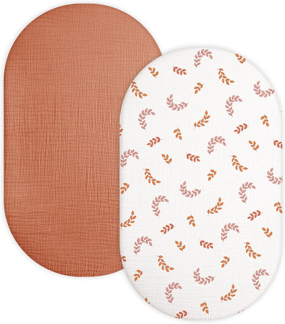 Muslin Bedside Bassinet Sheets 2 Pack, 33x20 Fitted Ultra Soft & Breathable Bedside Sleeper Sheets, Ideal for Baby Girl and Boy, Perfect for Newborns (Hopping Bunnies & Beige)