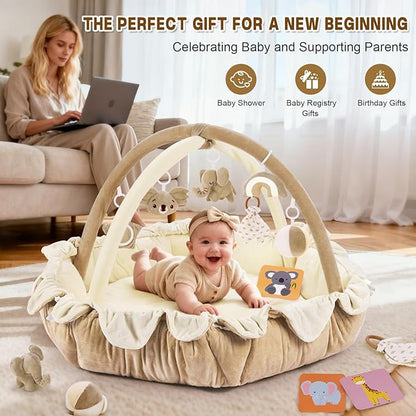 5-in-1 Baby Activity Gym & Play Mat with 6 Hanging Toys, Tummy Time Mat & Cards - Extra Large, Reversible Machine Washable Pad - Gift for Newborns, Infants 0-12 Months, Cream