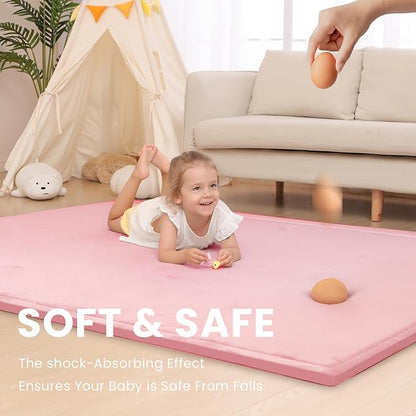 Baby Play Mat for Floor,1.3" Thick Memory Foam Tummy Time Mat for Toddlers,Infants,Kids,Soft Coral Velvet,Extra Large Non Slip for Crawling,Yoga,Tatami Style for Living Room(Pink)