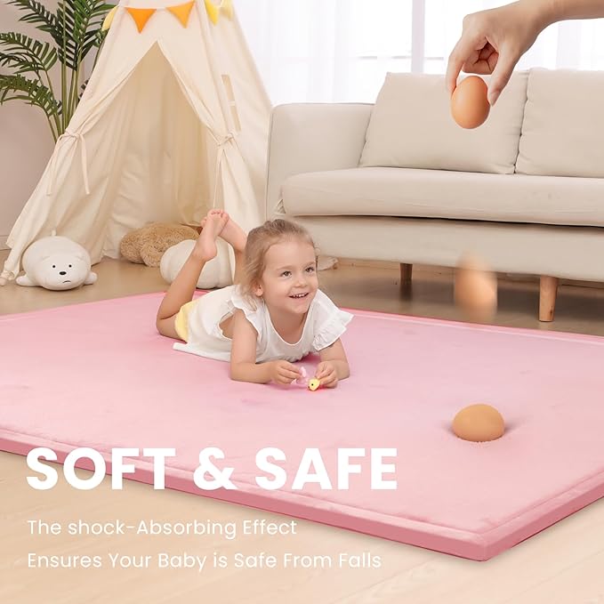 Baby Play Mat for Floor,1.3" Thick Memory Foam Tummy Time Mat,Soft Coral Velvet Nursery Rug,Extra Large Non Slip Crawling Mat for Toddlers,Infants,Kids,Yoga Mat,Tatami Mat for Living Room(Pink)