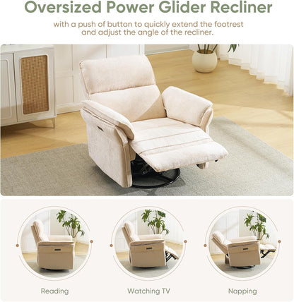 Oversized Glider Rocker Recliner, 26" Extra Wide 360° Swivel Nursery Recliner with Adjustable Headrest, Chenille Rocking Nursery Chair with Overstuffed Armrest, Lumbar Support, Light Grey