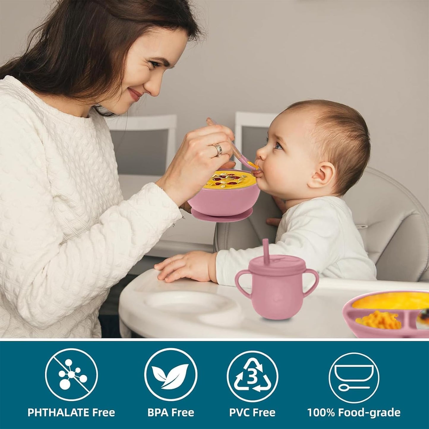 100% Silicone Baby Feeding Set, BPA Free Baby Dishes with Suction Bowl, Divided Plate, Toddler Self Feeding Dish Set with Spoons, Forks, Sippy Cup and Bib, Baby Eating Utensils (Navy Blue)
