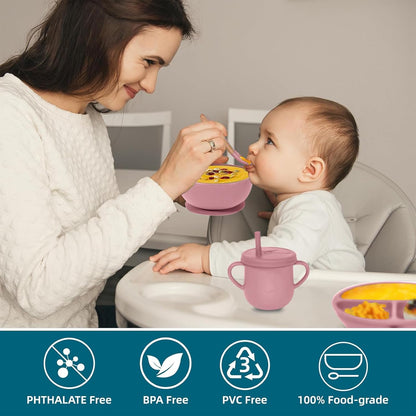 100% Silicone Baby Feeding Set, BPA Free Baby Dishes with Suction Bowl, Divided Plate, Toddler Self Feeding Dish Set with Spoons, Forks, Sippy Cup and Bib, Baby Eating Utensils (Navy Blue)