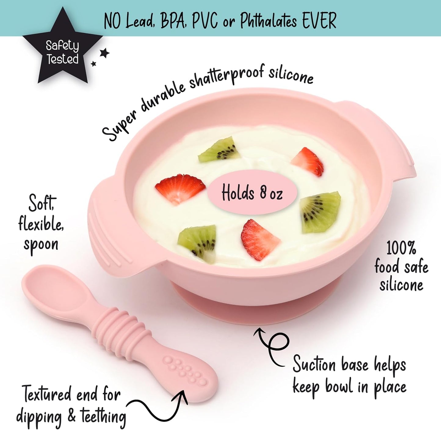 PrimaStella Unbreakable Silicone Non-Slip Bowl and Chew Spoon Set for Babies and Toddlers (Rainbow Swirl)
